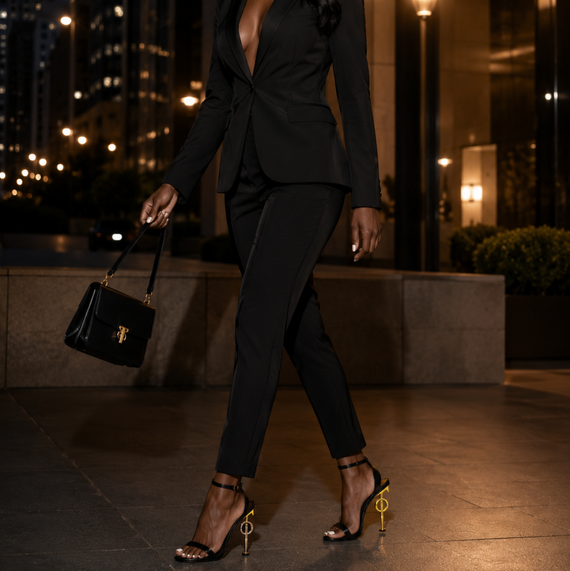 Woman in a black suit walking in an urban setting at night.