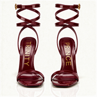 Pair of red high-heeled sandals with 'Trinity' and 'Prince' branding on a white background