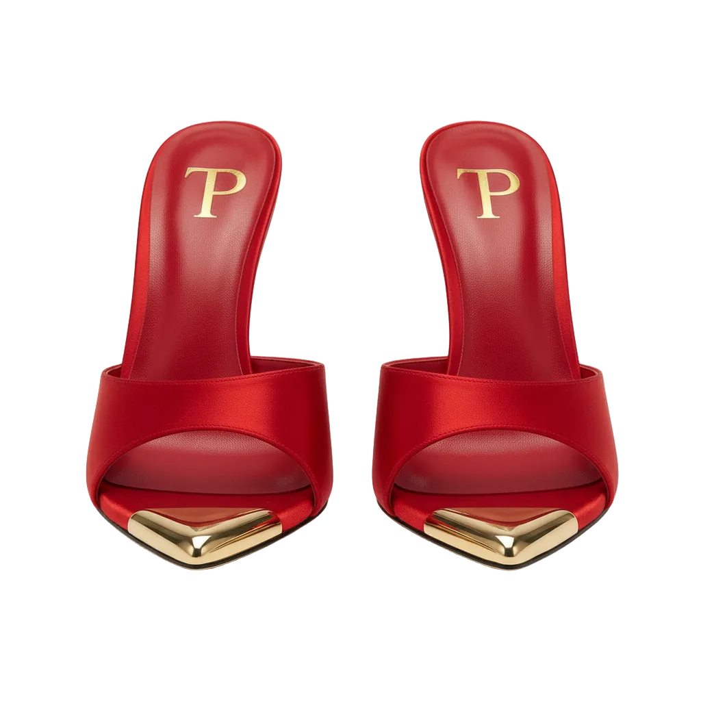 Red high-heeled shoes with gold accents on a white background